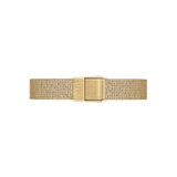 Gold mesh watch strap with a pressed texture and polished fold-over clasp, featuring a refined, fabric-like finish and adjustable fit for Daniel Wellington timepieces.