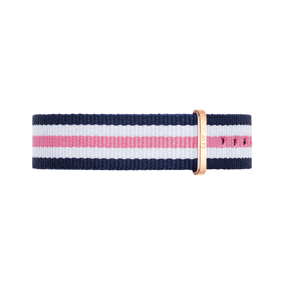 Navy, white, and pink striped NATO watch strap with rose gold buckle and loop, designed for Daniel Wellington watches and featuring a soft, durable polyester finish.