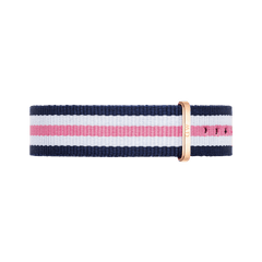 Navy, white, and pink striped NATO watch strap with rose gold buckle and loop, designed for Daniel Wellington watches and featuring a soft, durable polyester finish.