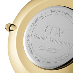 Back case of Petite Evergold women’s watch showing Daniel Wellington branding, water resistance and stainless steel details.