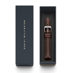 Bristol Strap Silver dark brown leather watch strap with polished silver buckle, presented in an elegant Daniel Wellington gift box.