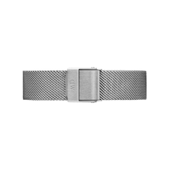 Polished silver mesh watch strap with a stainless steel fold-over clasp, featuring a refined texture and adjustable design for a comfortable, modern fit.