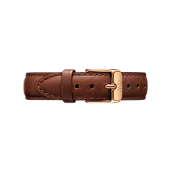 Light brown genuine leather watch strap with subtle stitching, featuring a polished rose gold buckle and matching hardware, designed for a classic and elegant look.