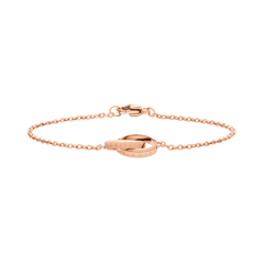 Rose gold Elan Unity Bracelet featuring two interlocking rings on a delicate chain, crafted from stainless steel with a polished PVD finish.