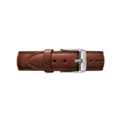 Brown leather watch strap with polished silver buckle, featuring fine stitching and a smooth finish, designed for Daniel Wellington timepieces.