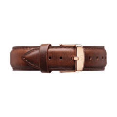 Brown genuine leather watch strap with a polished rose gold buckle, designed for the Classic St Mawes Arctic Rose Gold watch. The strap features fine stitching and multiple adjustment holes for a comfortable, tailored fit.