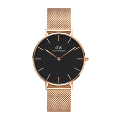 Petite Melrose women’s watch with black dial, rose gold case, and adjustable mesh strap by Daniel Wellington.