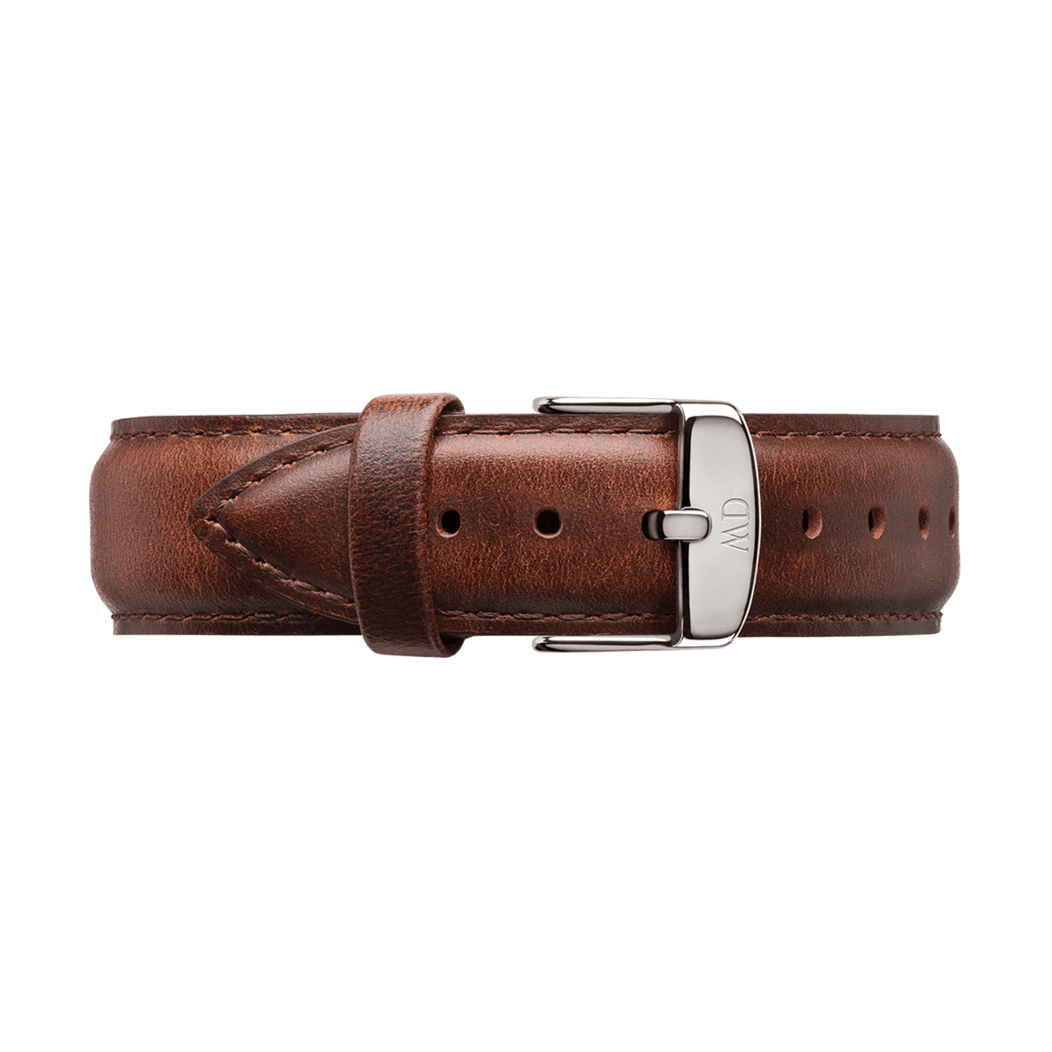 Light brown genuine leather watch strap with subtle stitching, featuring a polished silver buckle engraved with the Daniel Wellington monogram, shown in an extra-long size for a comfortable and tailored fit.