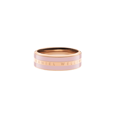 Rose gold Emalie Ring with a cherry blossom pink enamel band and the Daniel Wellington logo engraved around the outer edge, showcasing a sleek and modern design.