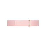 Thin pink NATO watch strap made from recycled polyester, featuring an adjustable rose gold buckle for a modern, elegant finish.