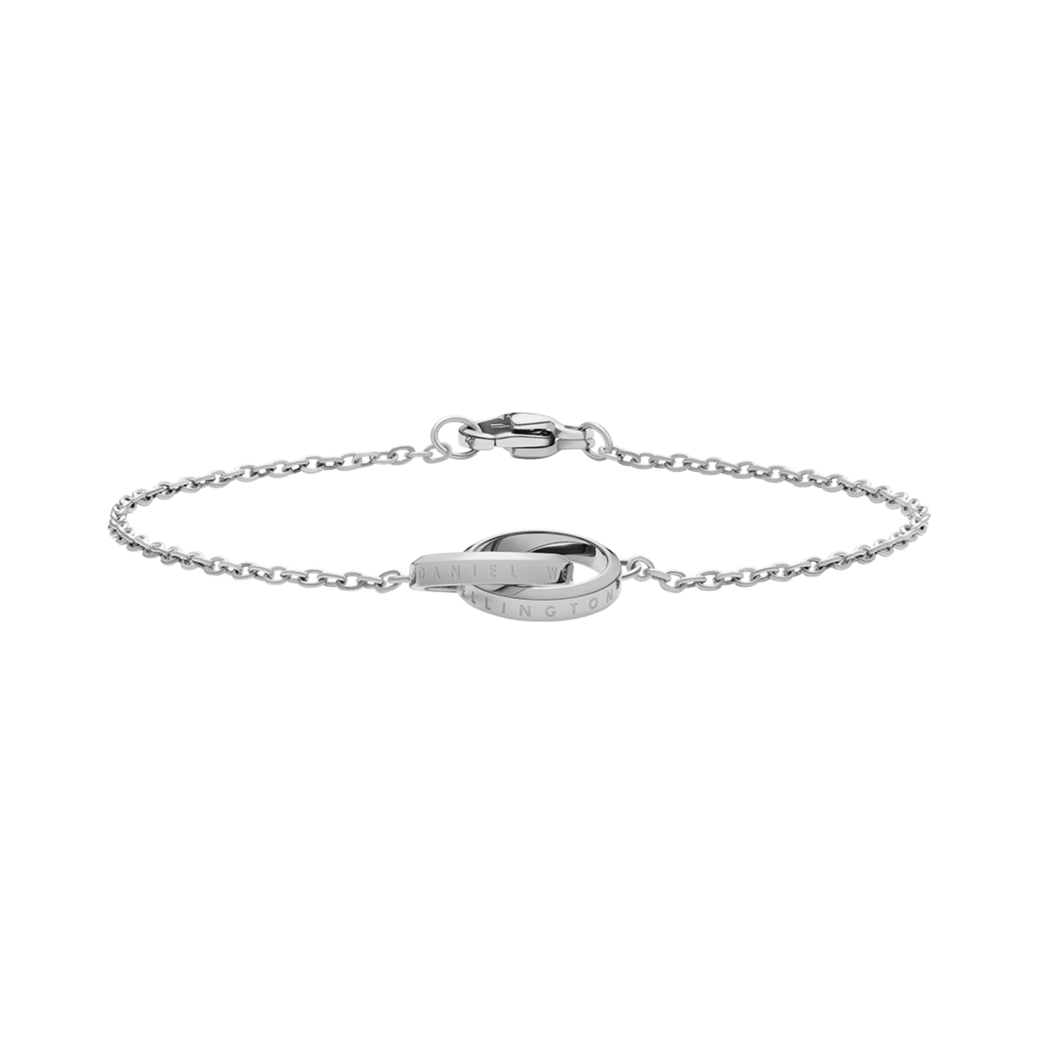 Delicate silver bracelet featuring two interlocking rings on a fine chain, crafted from polished stainless steel with subtle engraving.