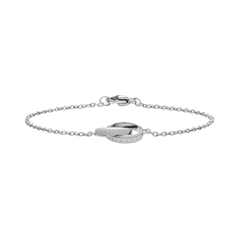 Delicate silver bracelet featuring two interlocking rings on a fine chain, crafted from polished stainless steel with subtle engraving.