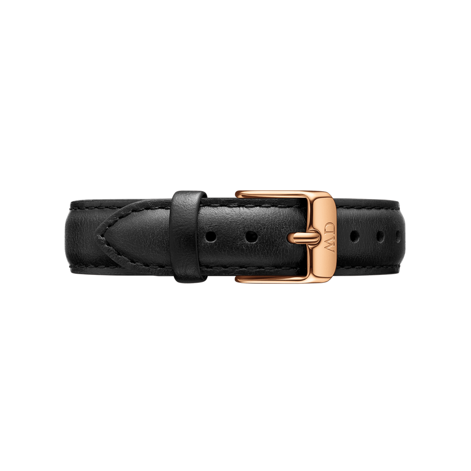 Classic Sheffield Strap Rose Gold featuring smooth black Italian leather, refined stitching, and a polished rose gold buckle engraved with the Daniel Wellington logo.