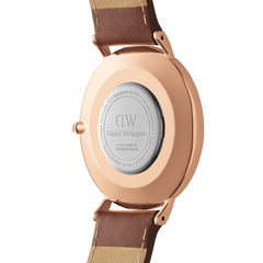 Back view of the Classic St Mawes Arctic Rose Gold watch, showing the engraved stainless steel caseback, rose gold casing, and brown genuine leather strap with neat stitching. The detailing highlights the watch’s craftsmanship and water resistance.