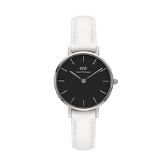 Petite Bondi Black Silver watch with a sleek black dial, minimalist silver markers, and a crisp white leather strap in a polished stainless steel case.