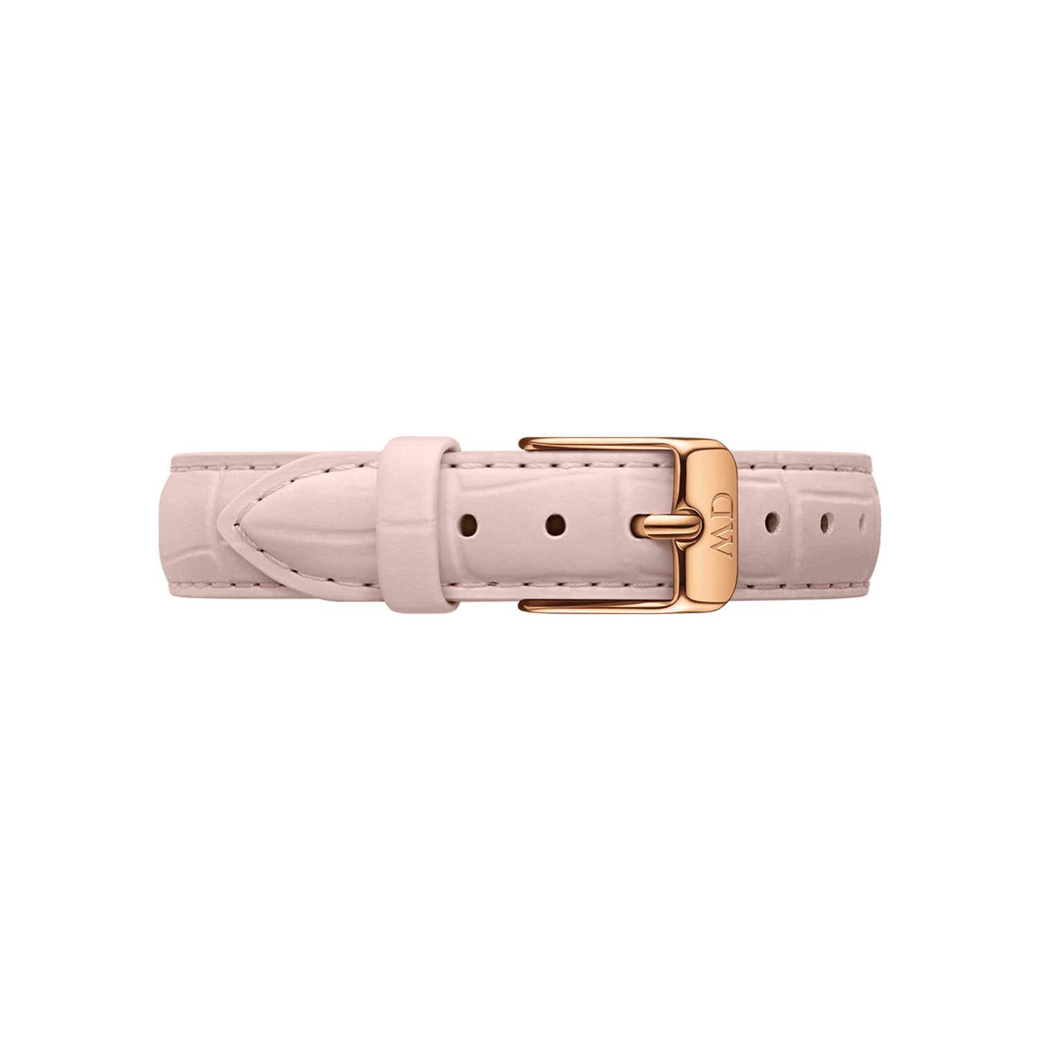 Delicate pink croc embossed Italian leather watch strap with a slim design, finished with a polished rose gold buckle engraved with the Daniel Wellington logo.