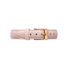Delicate pink croc embossed Italian leather watch strap with a slim design, finished with a polished rose gold buckle engraved with the Daniel Wellington logo.