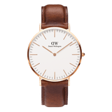 Classic St Mawes Rose Gold watch with eggshell white dial, rose gold case, and brown genuine leather strap by Daniel Wellington.