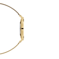 Side profile of Petite Evergold women’s watch showing slim gold case and fine gold mesh strap, minimalist design.