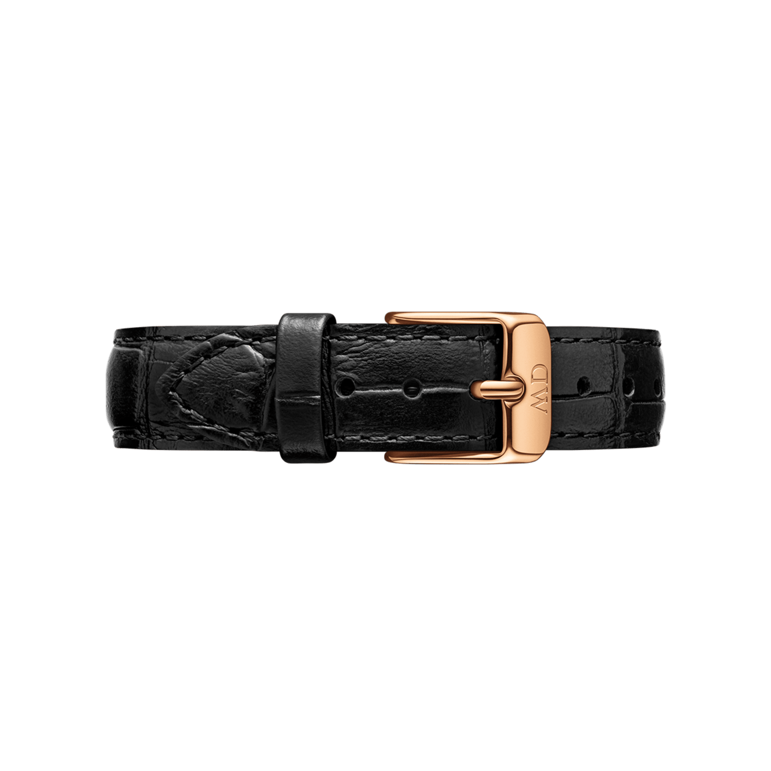 Croc-embossed black leather watch strap with a rose gold buckle and engraved branding, designed for a refined and versatile look.