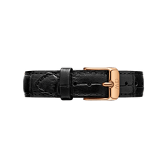 Croc-embossed black leather watch strap with a rose gold buckle and engraved branding, designed for a refined and versatile look.