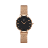 Daniel Wellington Petite Melrose watch with black dial, slim rose gold markers, and petite rose gold mesh strap for women.
