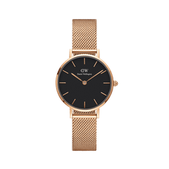 Daniel Wellington Petite Melrose watch with black dial, slim rose gold markers, and petite rose gold mesh strap for women.