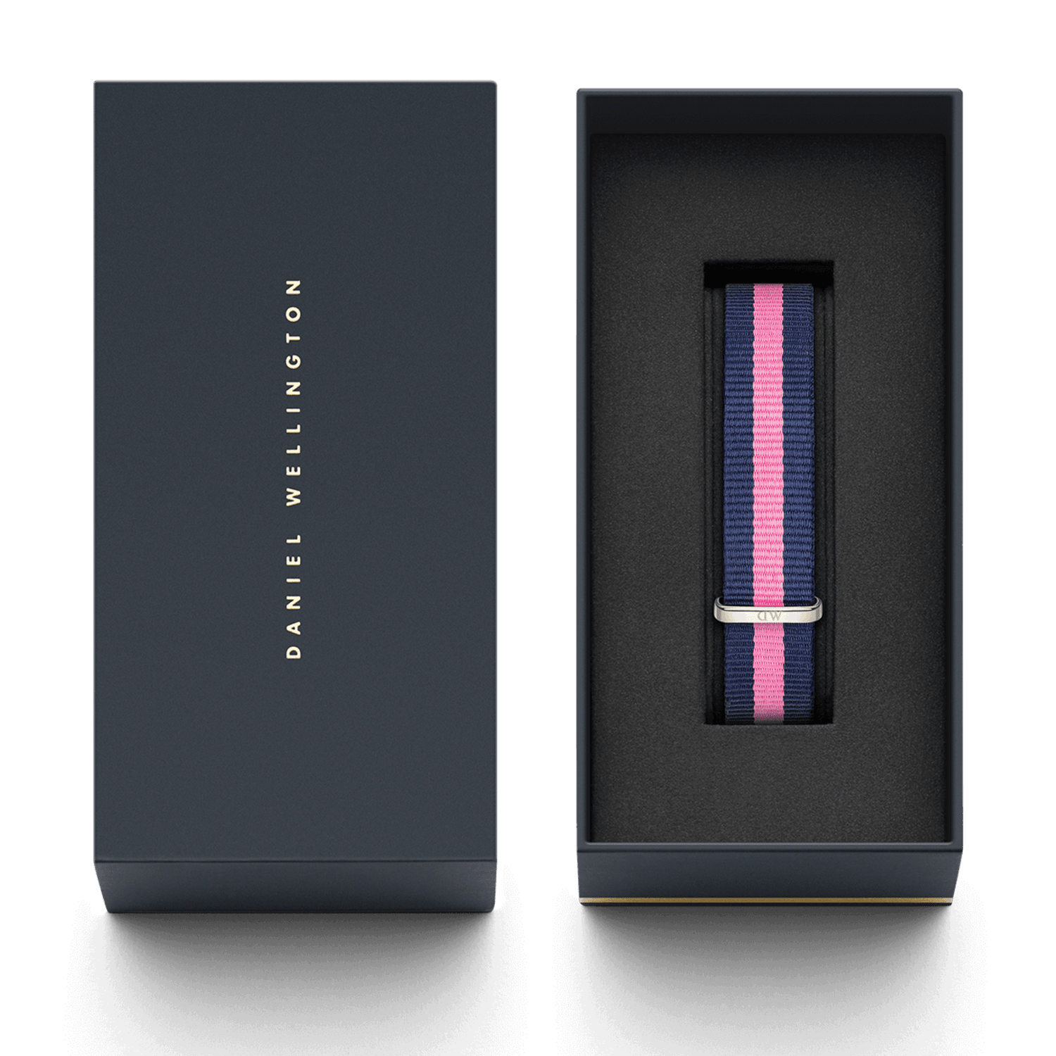 Winchester Strap Silver NATO watch strap in navy blue and pink, neatly presented in a dark Daniel Wellington gift box with a polished silver buckle visible.