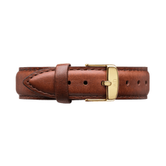 Rich brown leather watch strap with detailed stitching and a polished gold buckle engraved with subtle branding, designed for a classic and refined finish.
