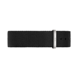 Black polyester NATO watch strap with a sleek gold buckle and hardware, featuring a minimalist design and adjustable fit, ideal for both men’s and women’s timepieces.