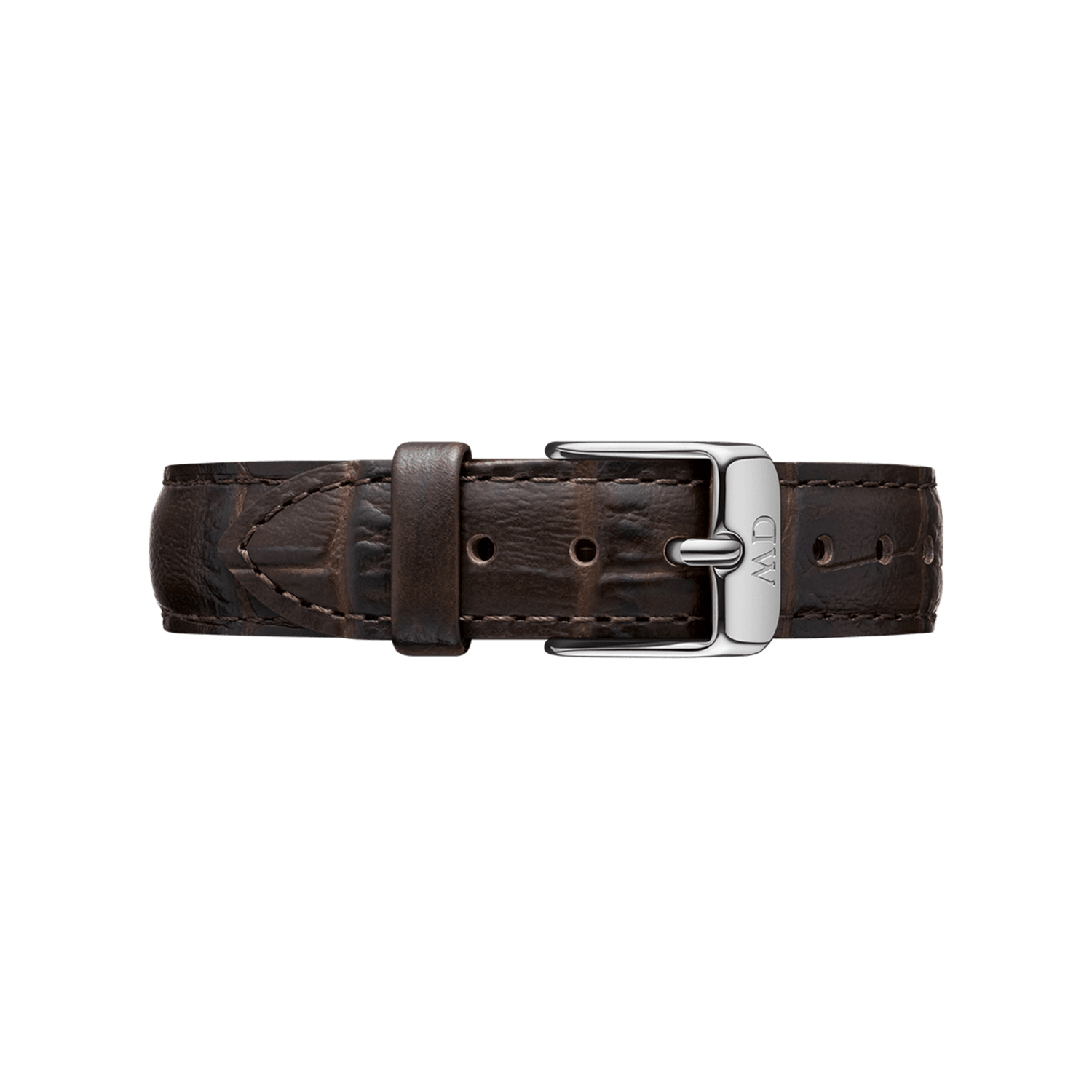 Brown crocodile-embossed leather watch strap with polished silver buckle, designed for 32mm Daniel Wellington watches.