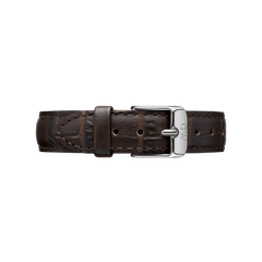 Brown crocodile-embossed leather watch strap with polished silver buckle, designed for 32mm Daniel Wellington watches.