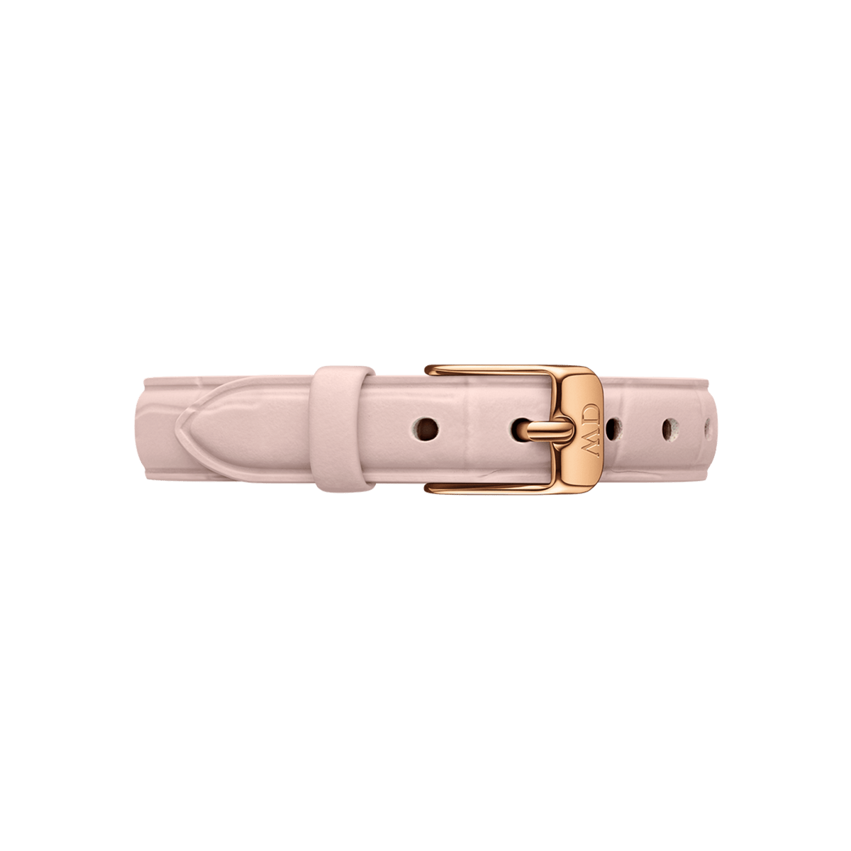 Slim pink croc-embossed Italian leather watch strap with a rose gold buckle, designed for a refined and elegant look.