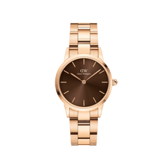 Daniel Wellington Iconic Link Amber features a rose gold stainless steel bracelet with an amber brown sunray dial and minimalist hour markers.