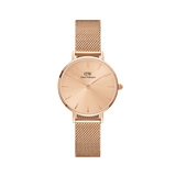 Rose gold women’s watch with a minimalist 28mm round dial and matching mesh strap, featuring a slim, elegant silhouette and subtle detailing.