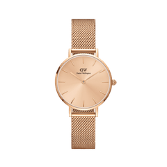 Rose gold women’s watch with a minimalist 28mm round dial and matching mesh strap, featuring a slim, elegant silhouette and subtle detailing.