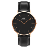 Classic Sheffield Black Rose Gold watch featuring a minimalist black dial, rose gold case, and a genuine black leather strap.