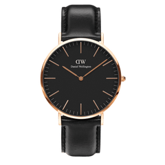 Classic Sheffield Black Rose Gold watch featuring a minimalist black dial, rose gold case, and a genuine black leather strap.