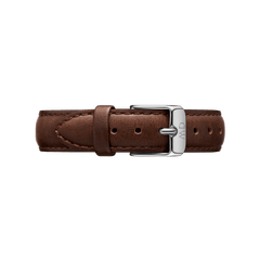 Dark brown leather watch strap with detailed stitching and a polished silver buckle, designed for Daniel Wellington watches and featuring a smooth, refined finish.