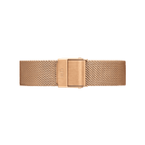 Rose gold mesh watch strap with a polished finish, featuring a fold-over clasp and fine stainless steel weave for a sophisticated, adjustable fit.