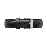 Sheffield Strap Silver XL in smooth black leather with subtle stitching, featuring a polished silver buckle engraved with initials and designed for larger wrists.