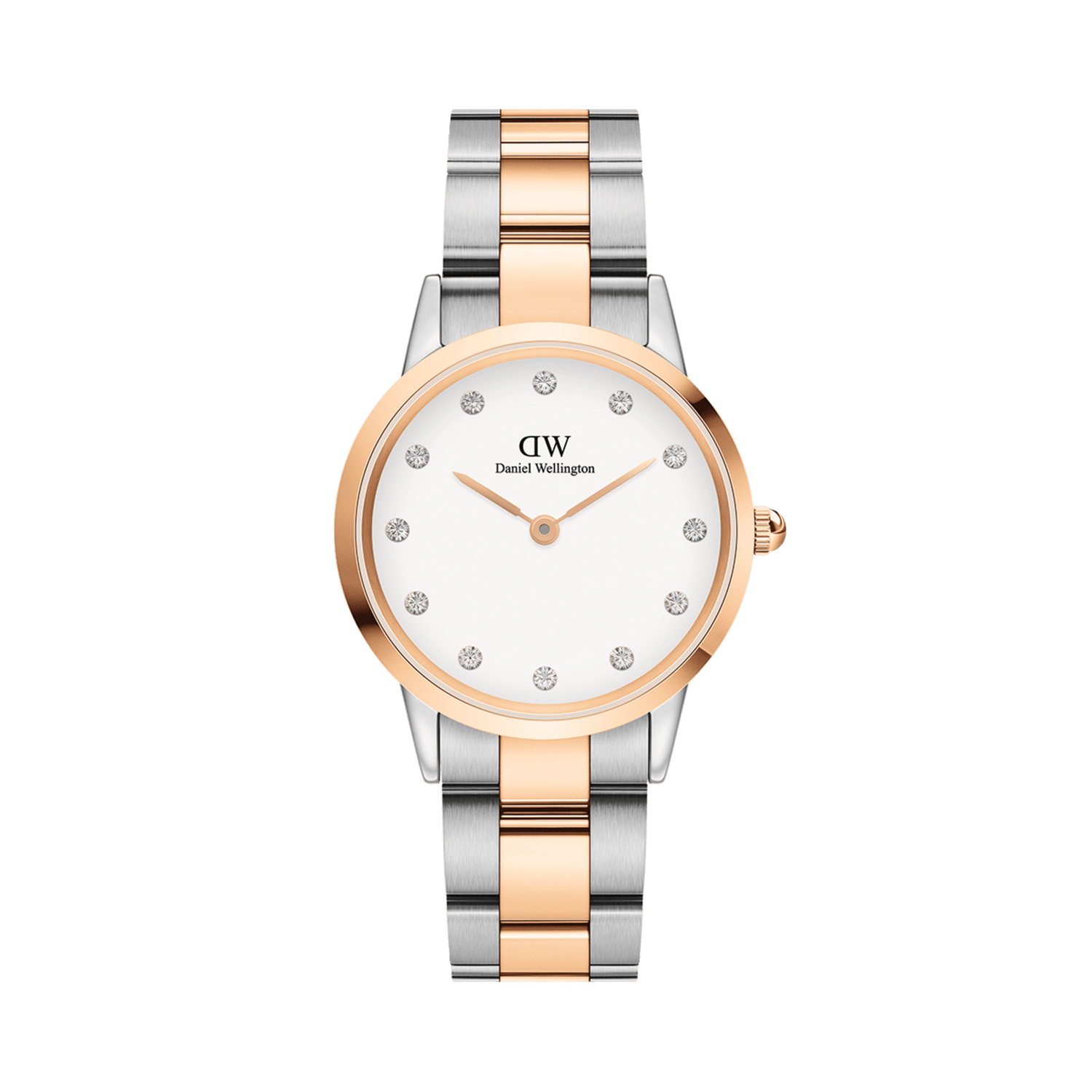 Elegant Daniel Wellington Iconic Link Lumine watch featuring a round eggshell white dial with sparkling crystal indexes, set in a polished two-tone stainless steel bracelet with rose gold-plated accents.