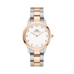 Elegant Daniel Wellington Iconic Link Lumine watch featuring a round eggshell white dial with sparkling crystal indexes, set in a polished two-tone stainless steel bracelet with rose gold-plated accents.