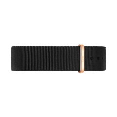 Black polyester NATO watch strap with a rose gold buckle and loop, featuring a sleek, minimalist design suitable for both men’s and women’s Daniel Wellington watches.