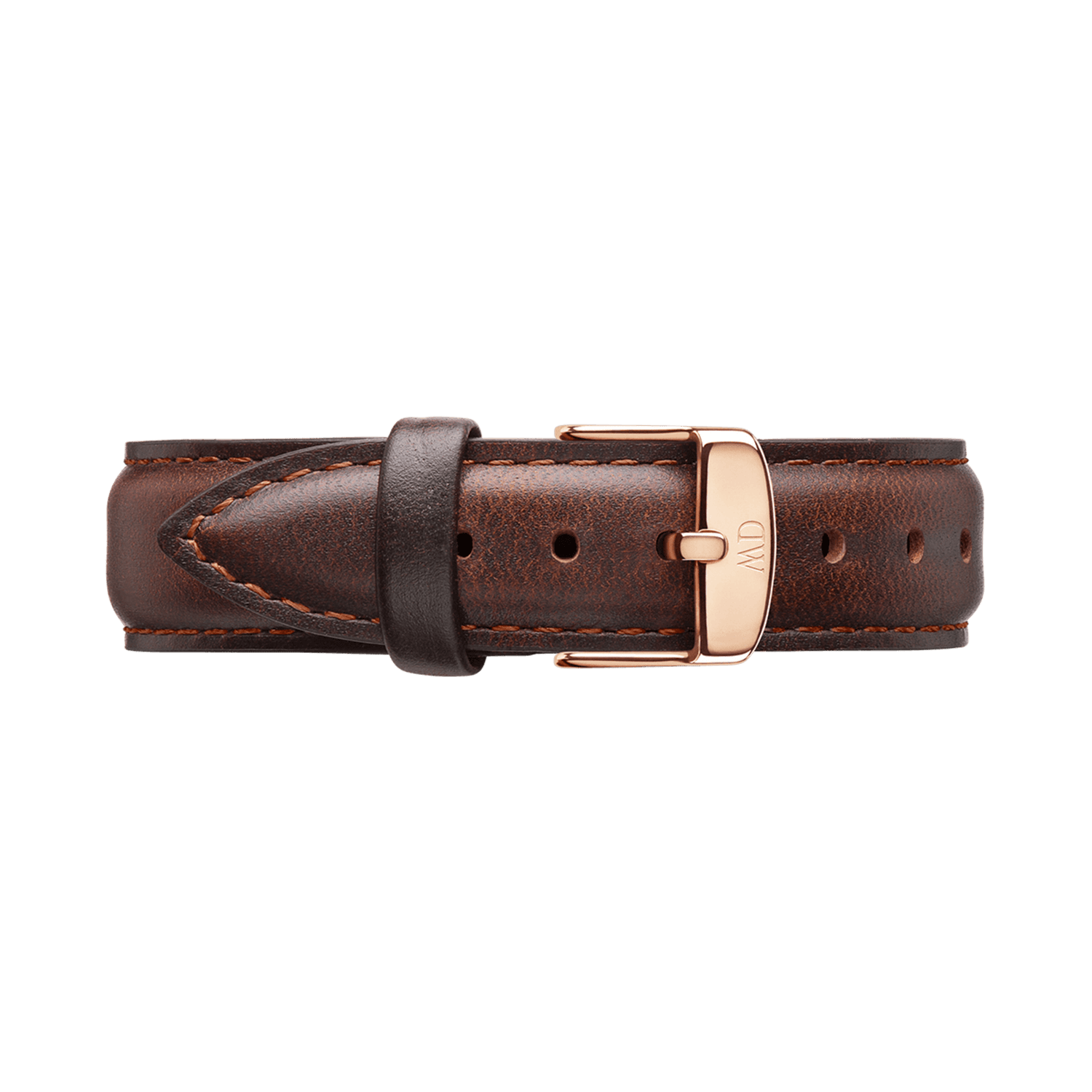 Bristol Strap Rose Gold in rich dark brown leather with contrast stitching and a polished rose gold buckle engraved with the Daniel Wellington logo, designed for a refined and timeless watch upgrade.