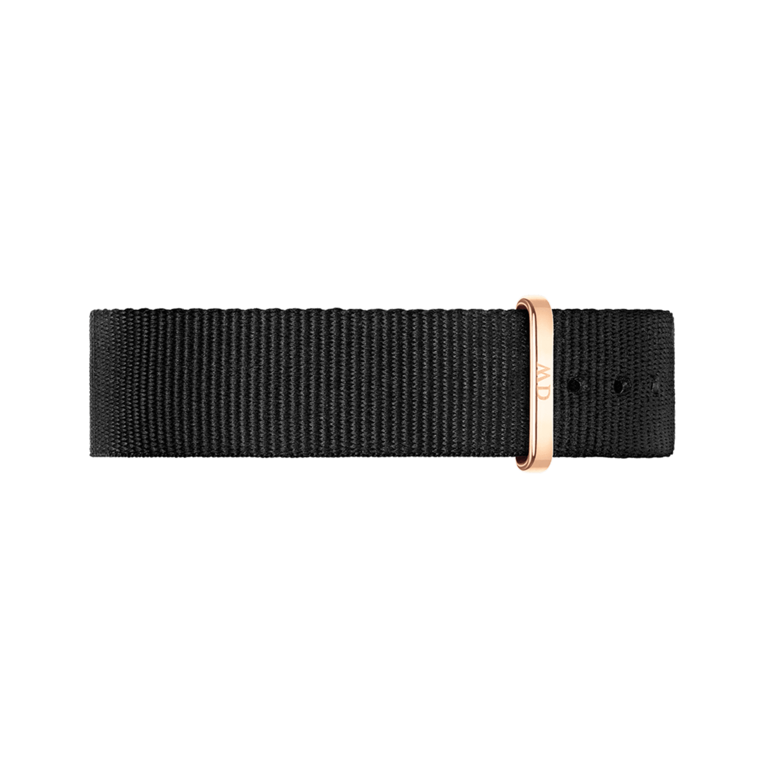 Cornwall Strap Rose Gold displays a black woven polyester NATO watch strap with a rose gold buckle and loop, offering a stylish and contemporary upgrade for Daniel Wellington watches.