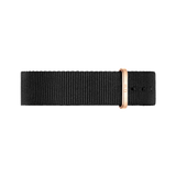 Cornwall Strap Rose Gold displays a black woven polyester NATO watch strap with a rose gold buckle and loop, offering a stylish and contemporary upgrade for Daniel Wellington watches.