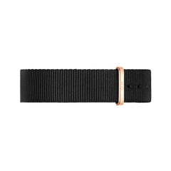 Cornwall Strap Rose Gold displays a black woven polyester NATO watch strap with a rose gold buckle and loop, offering a stylish and contemporary upgrade for Daniel Wellington watches.