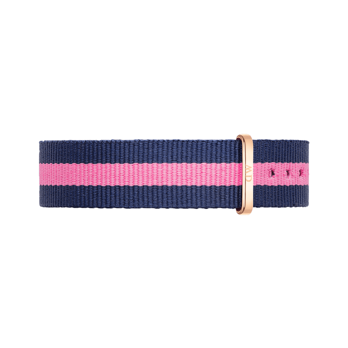 Navy blue and pink striped NATO watch strap made from durable polyester, featuring an 18mm width and a polished rose gold buckle with Daniel Wellington branding.