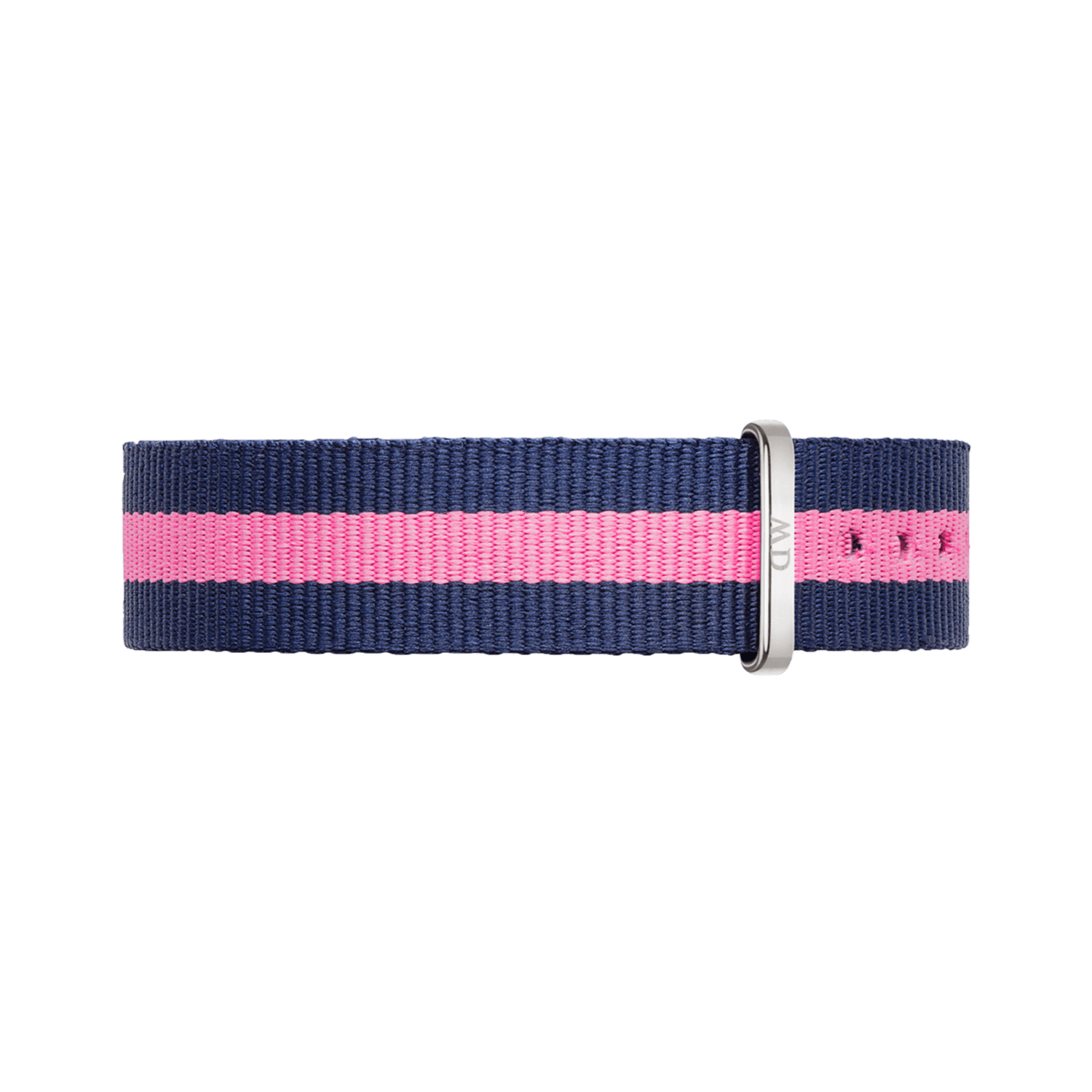 Navy blue and pink striped NATO watch strap made from durable polyester, featuring a polished silver buckle and an adjustable fit, designed for 36mm dial watches.